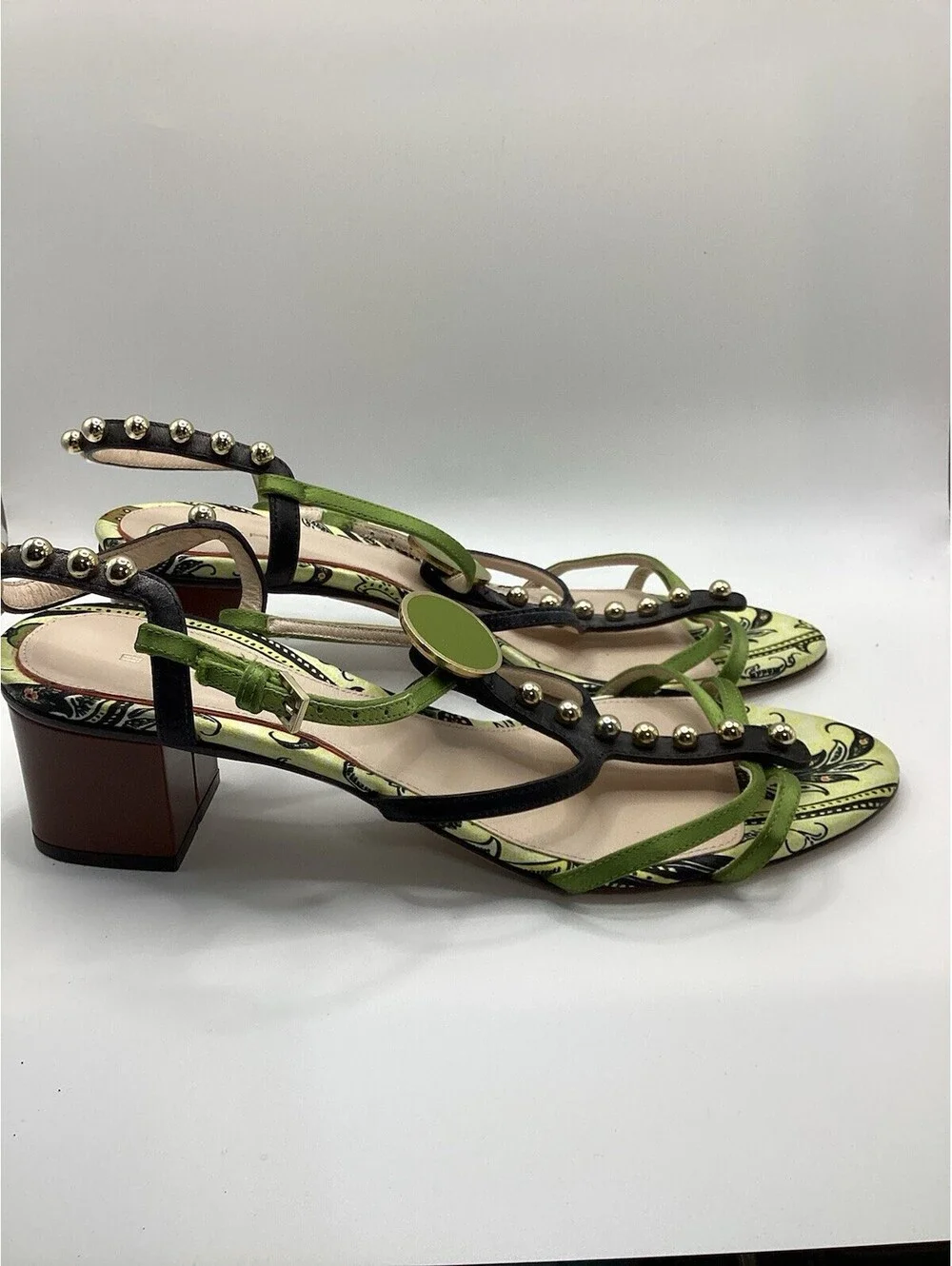 Etro Sandals Size 39 Green Black Studded Paisley Block Heel